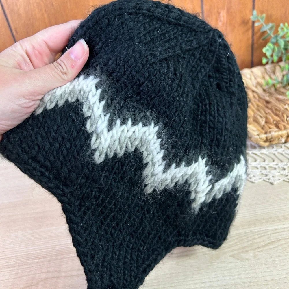 Black Knit Beanie‎ Hat with White Zigzag Pattern and Tassels Winter Warm